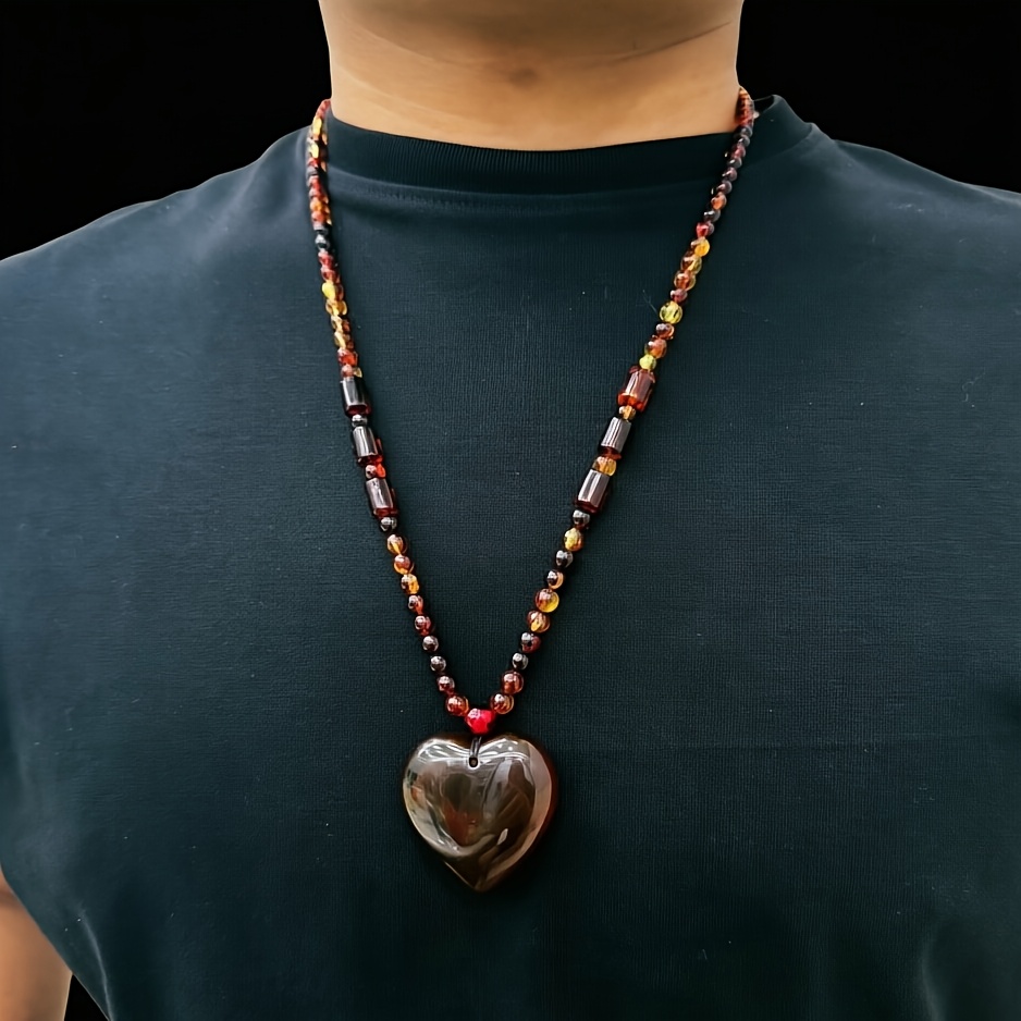 Unisex Amber Beeswax Heart Pendant Necklace